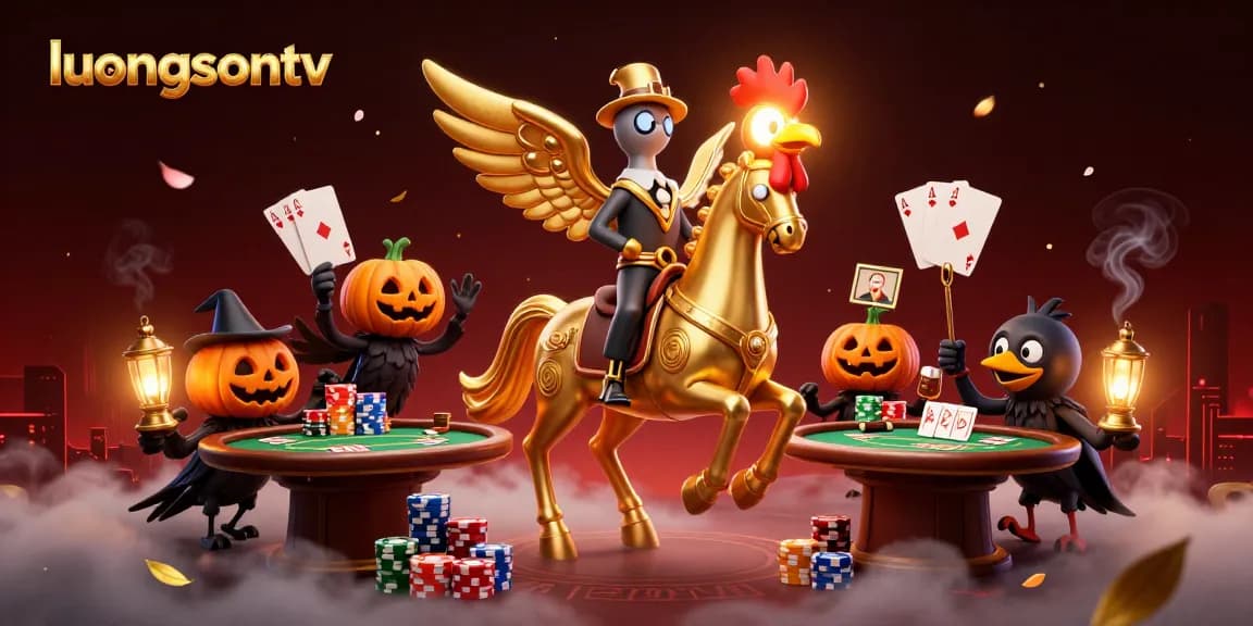 Experience thrilling poker games at luongsontv with golden rooster characters in a vibrant casino scene.