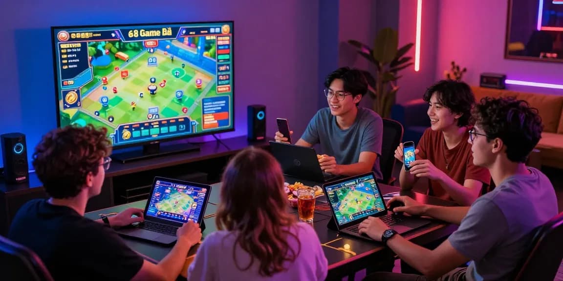 Players enjoying 68gamebai on multiple devices, highlighting a vibrant online gaming experience.