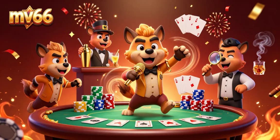 Experience vibrant casino entertainment at mv66 with hyenas hosting a comedy club, showcasing a poker table.