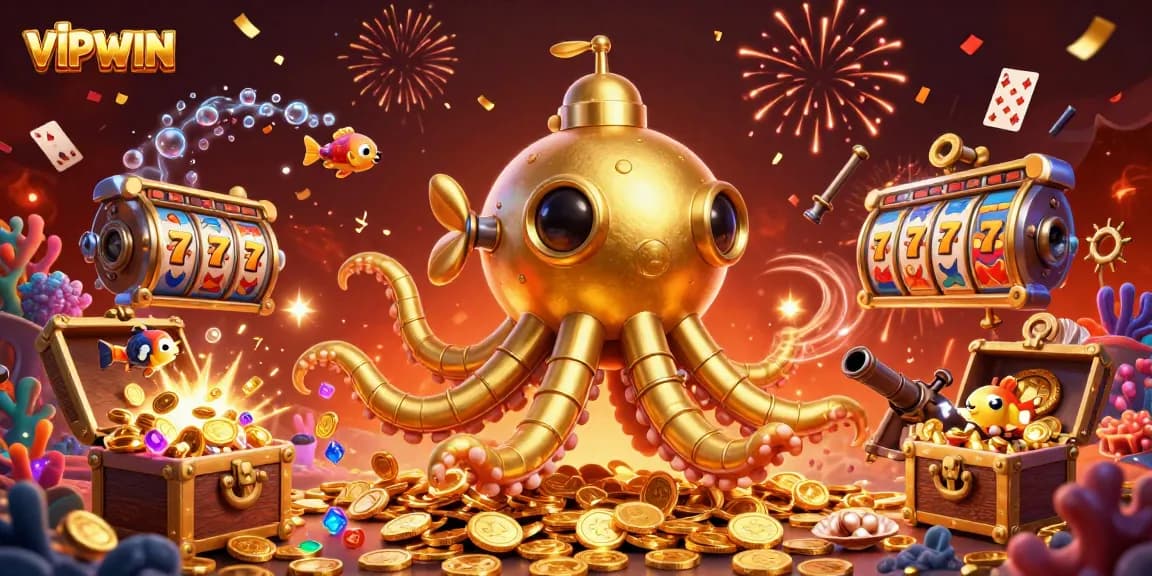 Experience thrilling wins at VIPWIN with 3D illustration of golden kraken submarine navigating through a sea of coins.