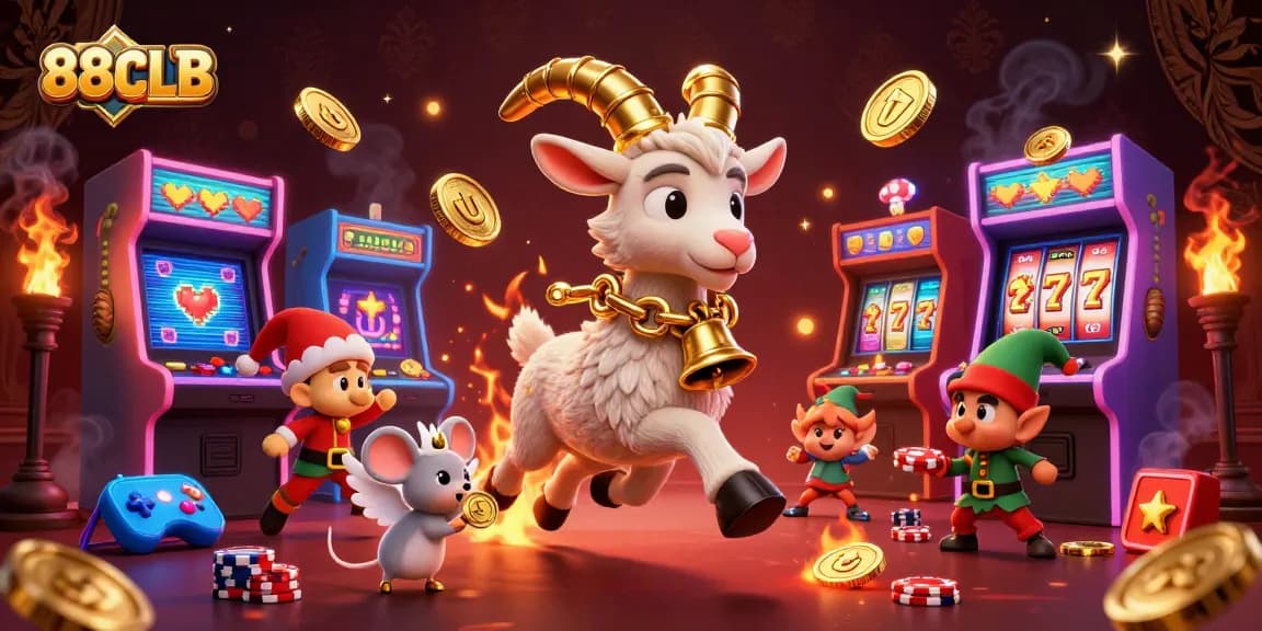 Engage in thrilling gameplay at 88CLB casino with Krampus and festive characters amidst colorful slot machines.