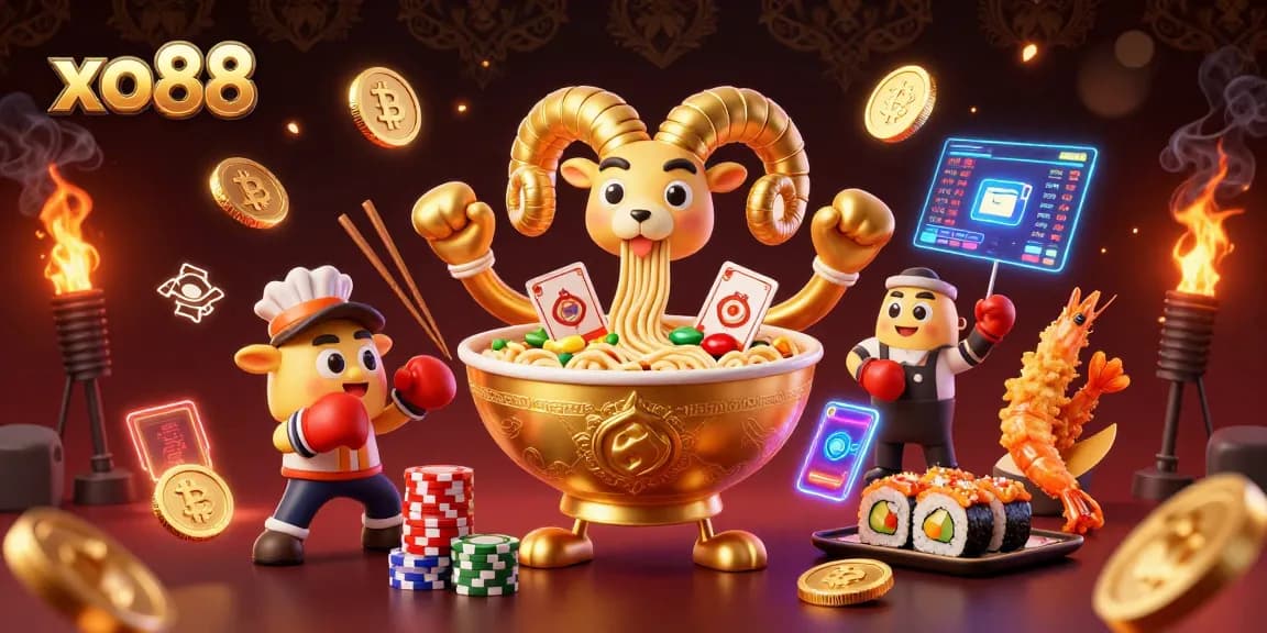 Engage with xo88's vibrant casino world featuring animated ramen bowl dealers and crypto elements.