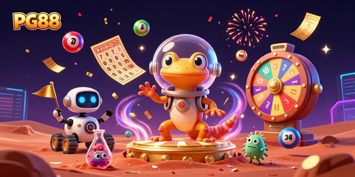 Join the excitement at PG88 with a Martian gecko discovering a golden casino in a vibrant cosmic celebration!