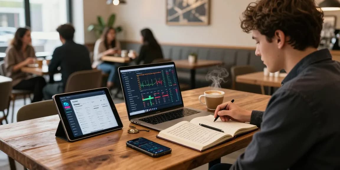 Funexchange trading experience in a cozy coffee shop with cryptocurrency analytics and a laptop setup