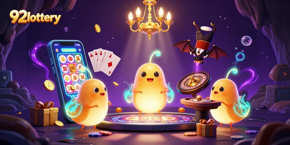 Play lottery games at 92lottery while glowworms illuminate a vibrant cave casino environment.