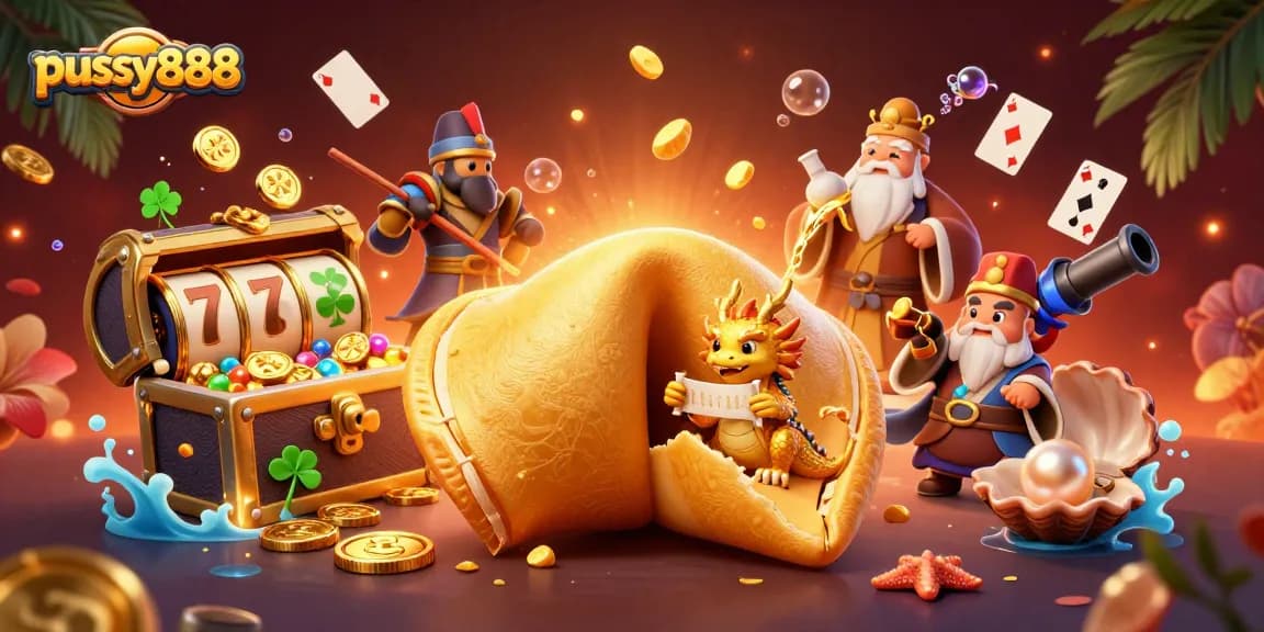 Pussy888 players enjoy thrilling wins with vibrant, dynamic 3D scene featuring golden fortune cookie and game elements