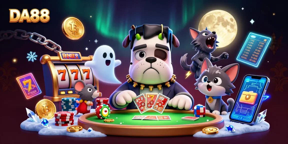 DA88's thrilling card game scene featuring a whimsical bulldog dealer and crypto elements.