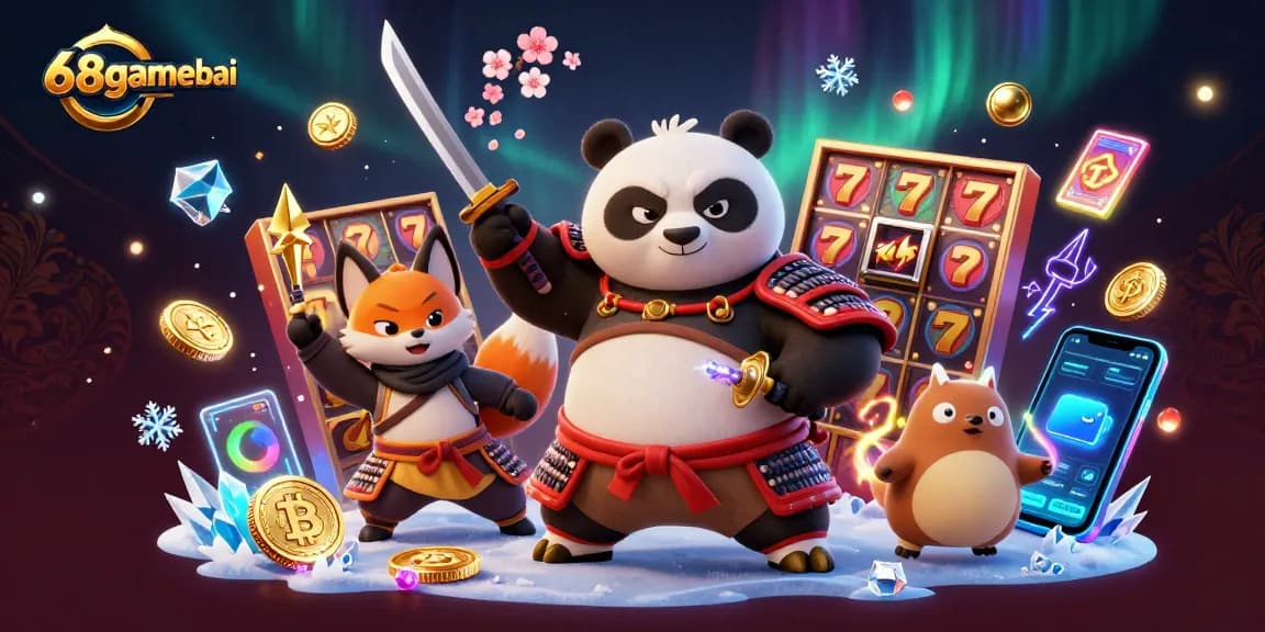 Engage with 68gamebai in a dynamic 3D casino scene featuring samurai panda and shuriken-throwing fox.
