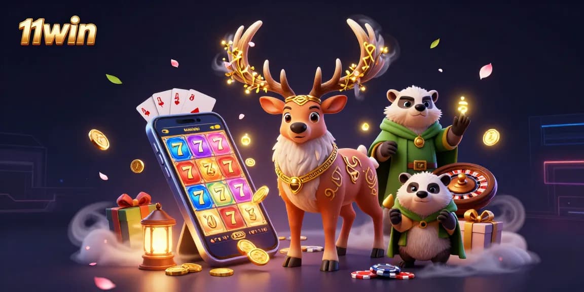 Experience thrilling gameplay with 11WIN's vibrant 3D casino illustration featuring action-packed casino elements.