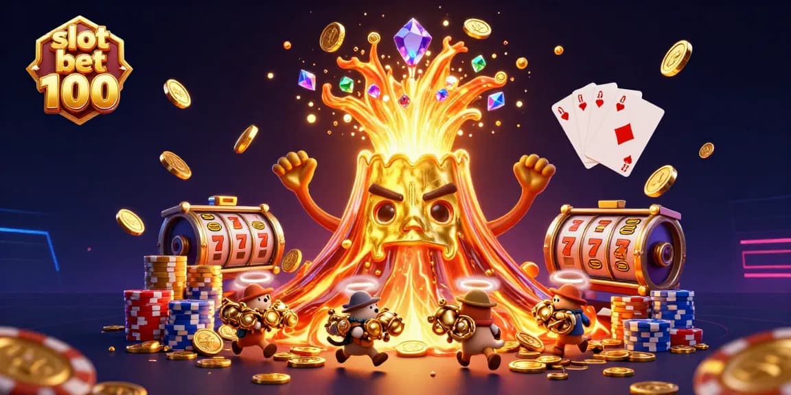 Engaging scene illustrating slot bet 100 with a golden volcano, treasure, and dynamic casino elements.