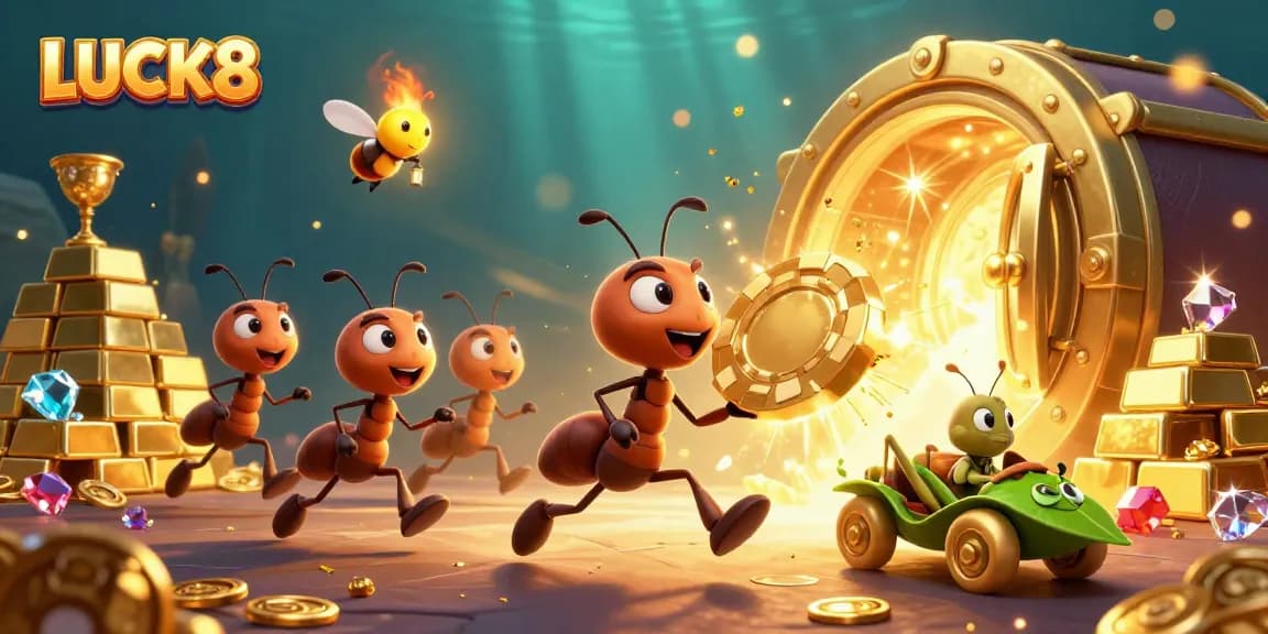 Experience thrilling gaming with LUCK8 as ants carry a giant poker chip in vibrant casino heist.