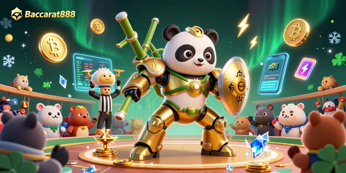 Baccarat888 offers thrilling gameplay with a golden panda in a dynamic casino scene flaunting Bitcoin and Ethereum elements.