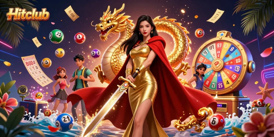 Engage with Hitclub's thrilling gaming scene featuring a warrior queen, dragon, and colorful lottery elements.