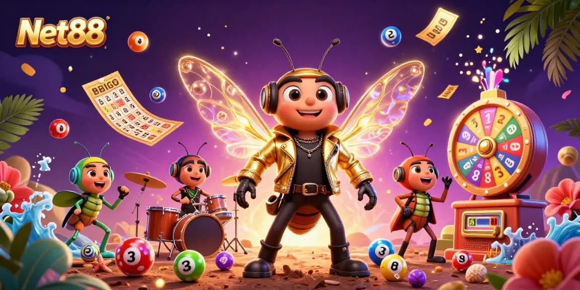 Engage in thrilling gaming with Net88's vibrant casino illustration showcasing exciting lottery elements.