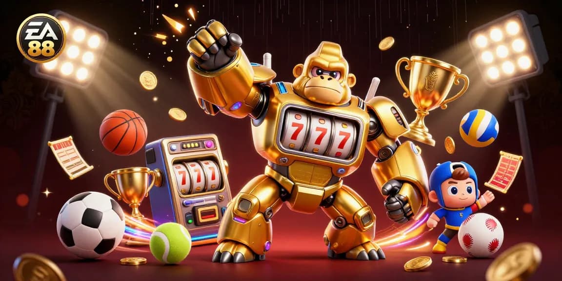 Engage in thrilling gaming with EA 88, featuring a dynamic 3D gorilla mech and sports elements.