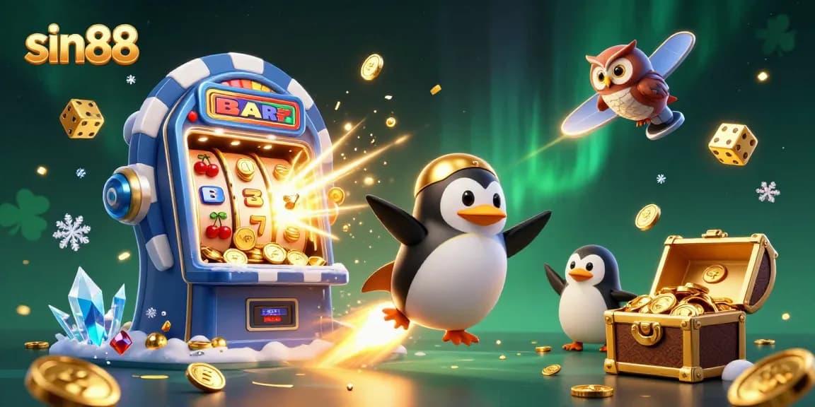 Watch the sin88 golden penguin launch to a casino space station amidst a jackpot explosion.