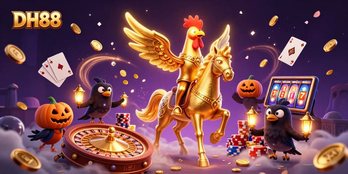 Dive into DH88's thrilling casino experience with a golden rooster, spectral horse, and festive casino elements.
