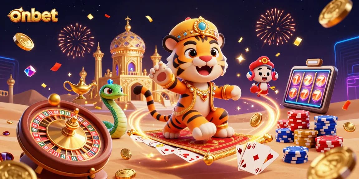 Experience onbet's excitement with a vibrant 3D casino scene featuring a tiger sultan, coins, and magical elements.