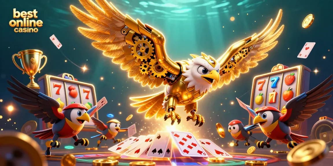 Experience the thrill of the best online casino with a 3D golden eagle amidst dynamic slot games and sparkling elements.