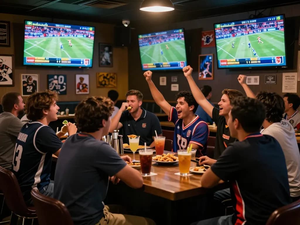 Kèo nhà cái displayed on screens in a vibrant sports bar during a live event, showcasing dynamic betting excitement.
