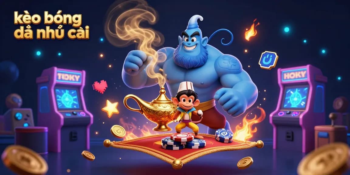 Engage with kèo bóng đá nhà cái in a dynamic 3D scene featuring a genie, monkey, and poker chips.