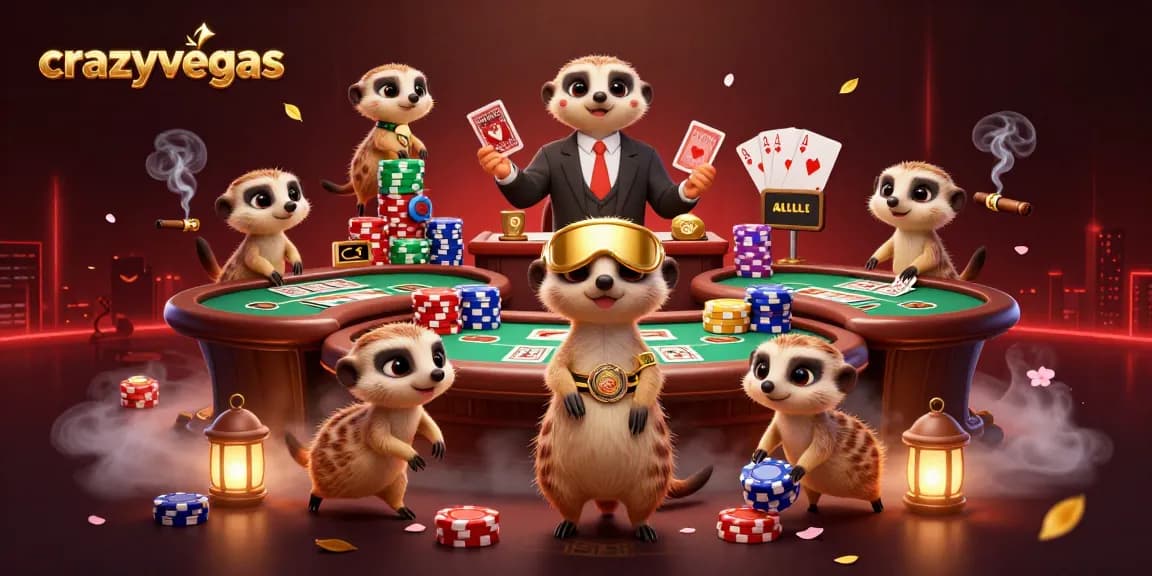 Watch crazyvegas meerkats managing a vibrant casino scene with poker excitement and colorful chips.