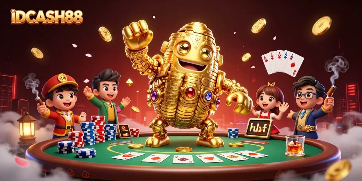 Experience thrilling gameplay at IDCASH88 with a golden golem amidst dynamic poker action.
