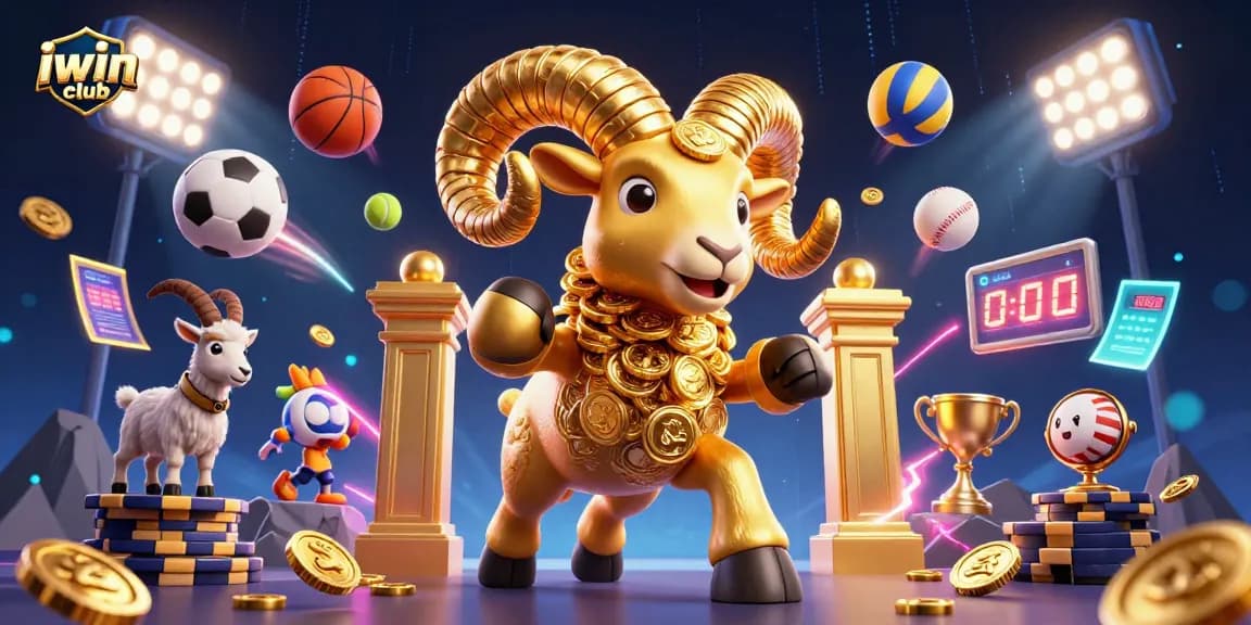 Experience the excitement of iwin club with a dynamic scene of a golden ram charging at a gate amidst sports elements.