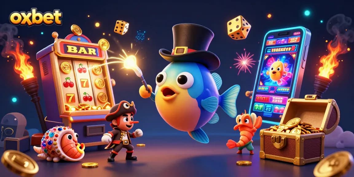 Showcasing oxbet's vibrant casino theme, a playful anglerfish attracts golden coins amidst slot symbols.