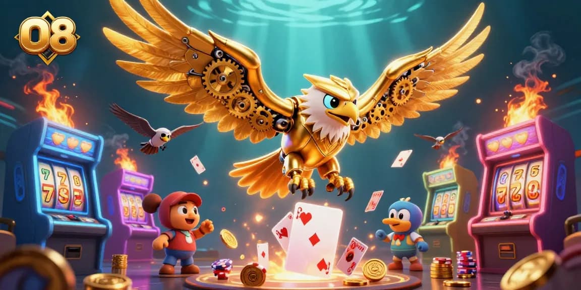 Engage with O8's captivating golden eagle diving through cards in a dynamic casino scene.