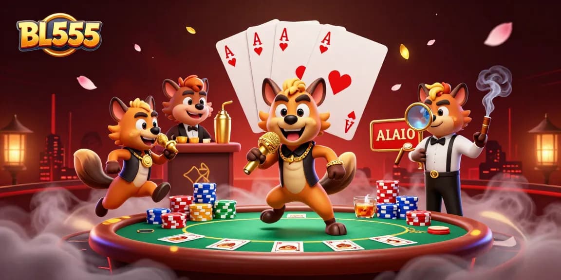 Experience the vibrant world of BL555 in a lively comic casino scene with hyenas and poker elements.