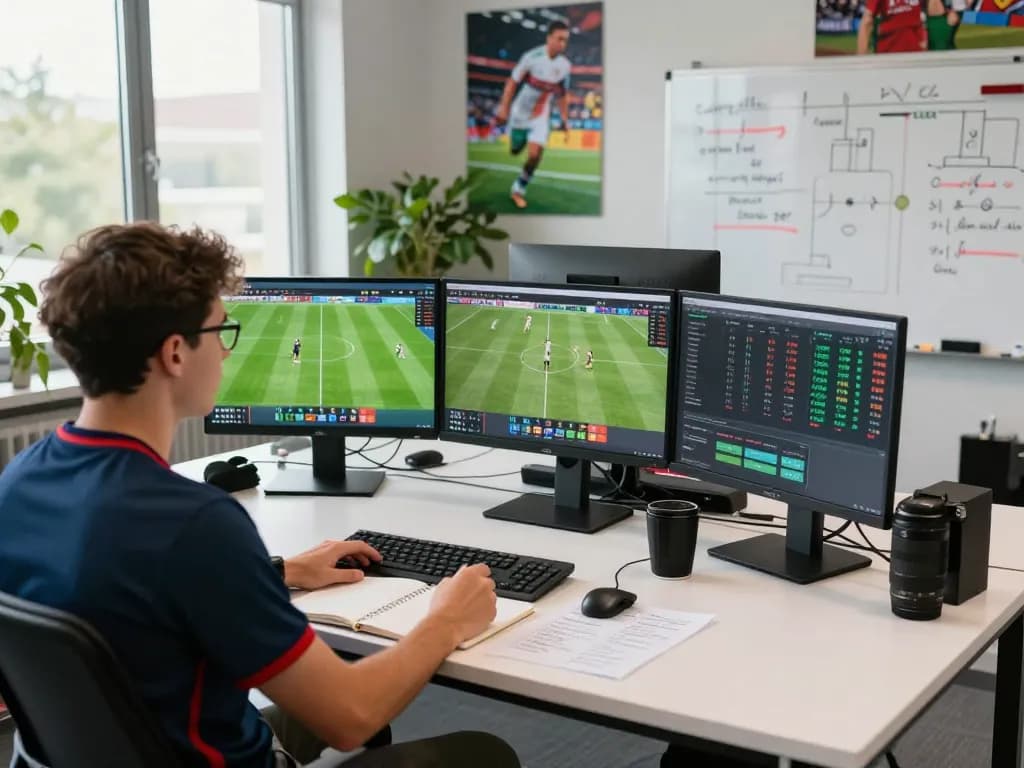 Live football analytics at NOWGOAL, showcasing real-time match statistics, betting insights, and team strategies in a dynamic sports office.