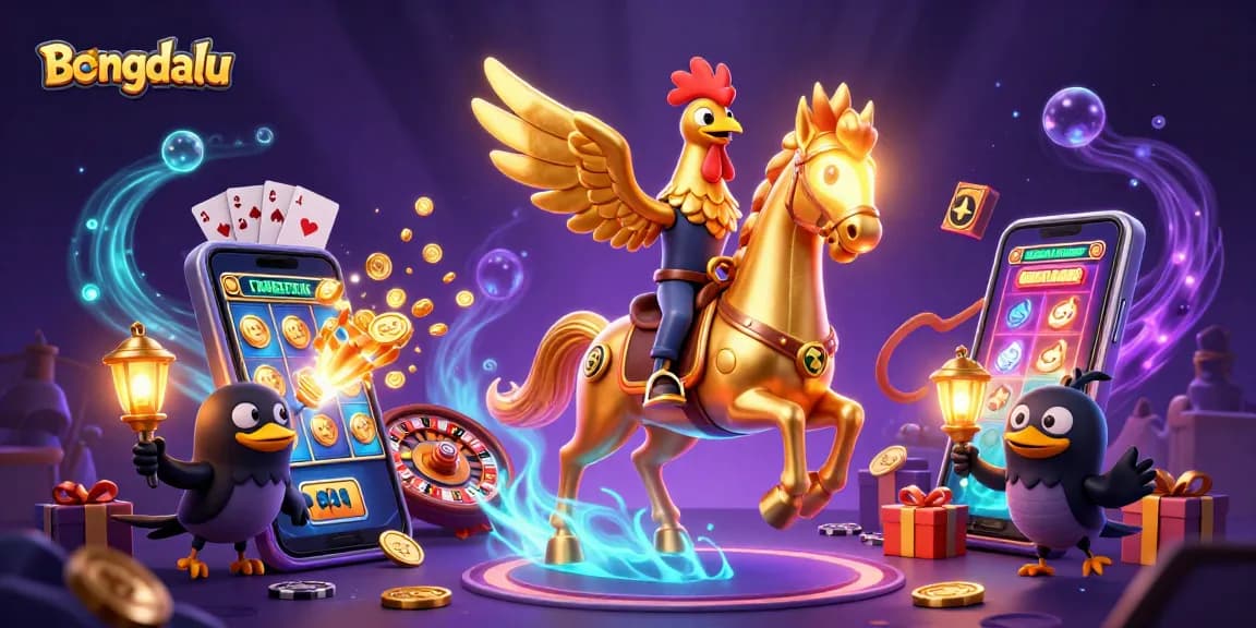 Bongdalu showcases a dynamic casino scene featuring a golden rooster on a spectral horse amidst colorful slot games and exciting visuals.
