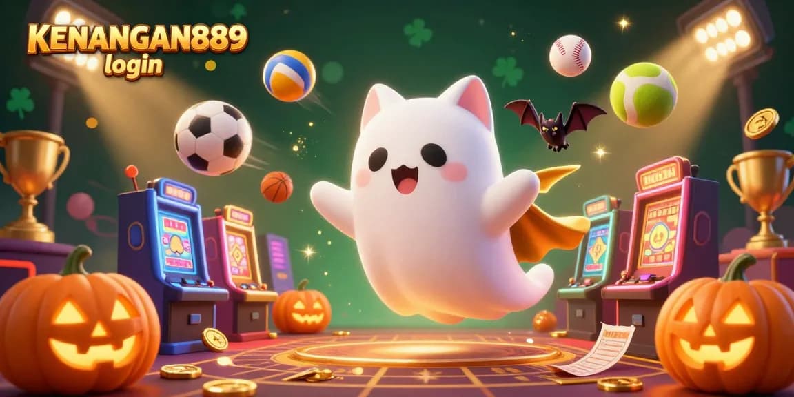 Play and win with KENANGAN889 login; vibrant ghost cat and bat in a casino filled with glowing jackpots.
