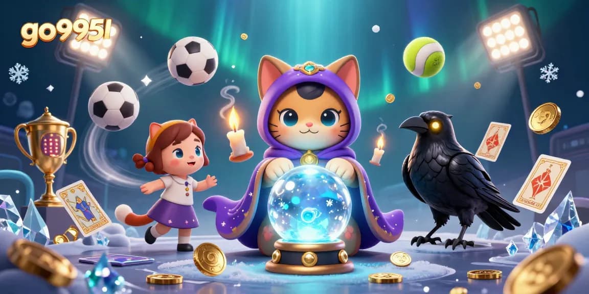 Engage with exciting gaming experiences at go9951 featuring a mystical cat and raven amidst dynamic sports elements.