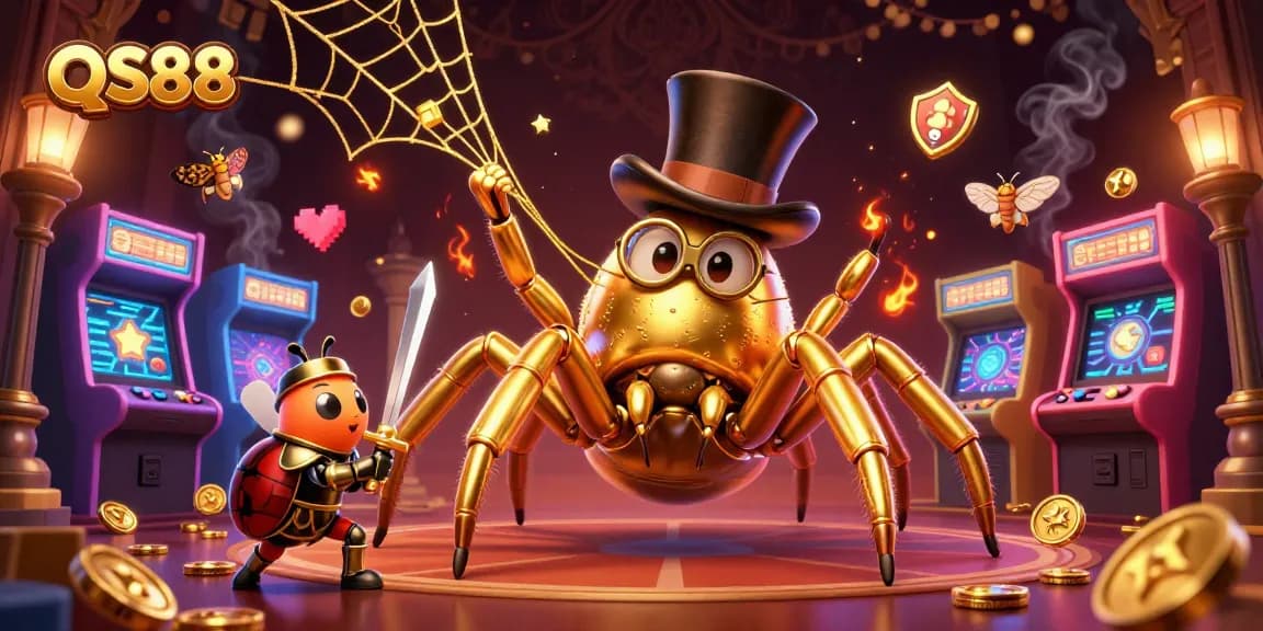 Engage with QS88 at the vibrant casino scene featuring golden characters amidst arcade games.