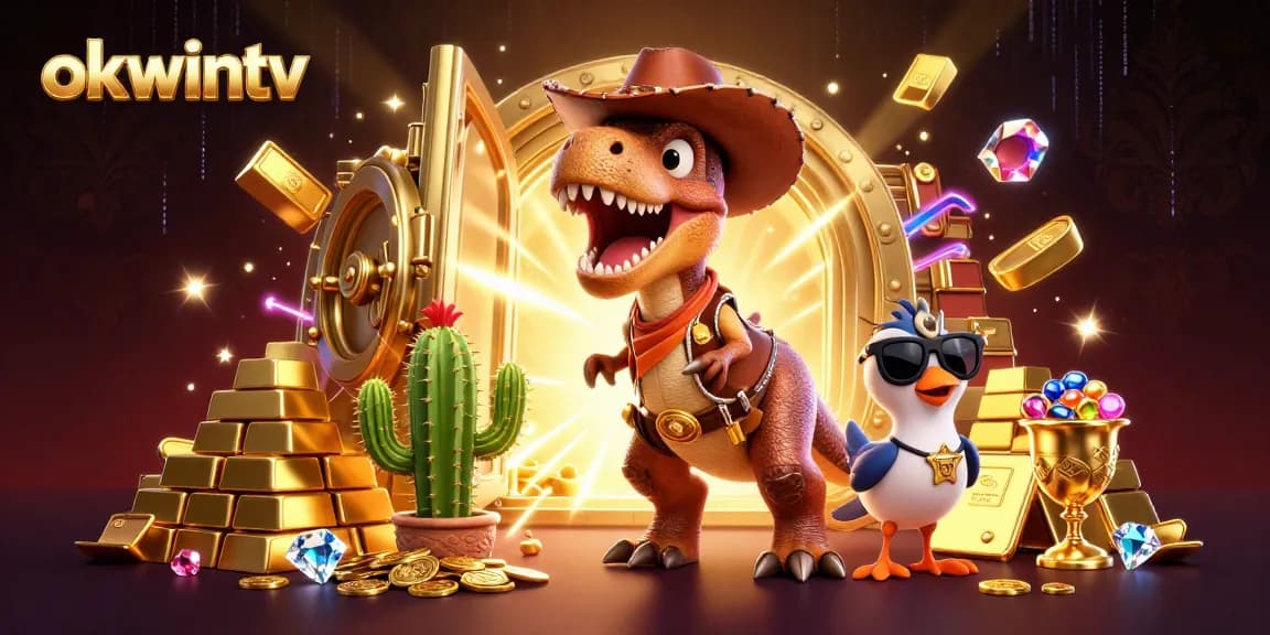 Experience thrilling bets at okwintv with a vibrant, cartoon dinosaur-themed casino illustration.