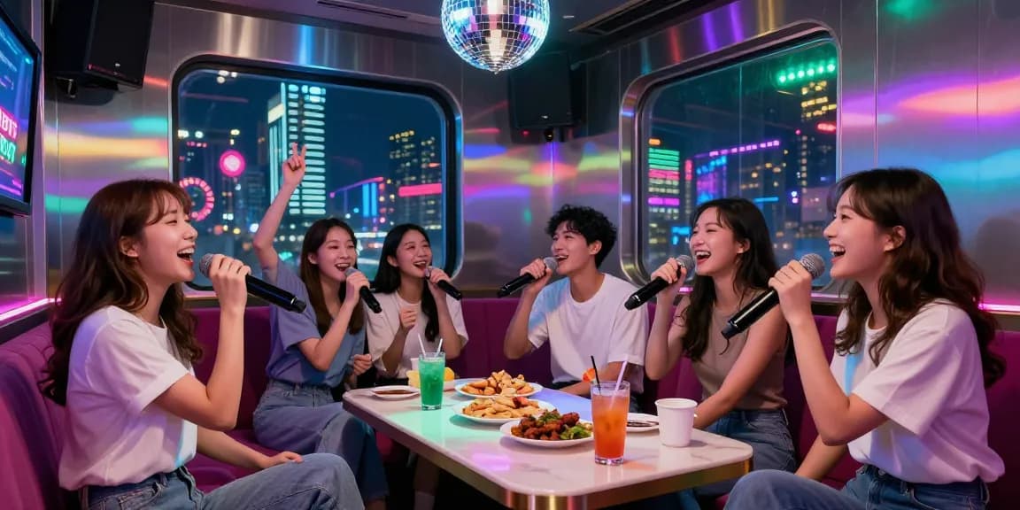 A lively group enjoying 강남가라오케 in a stylish karaoke venue, capturing vibrant energy and urban nightlife.