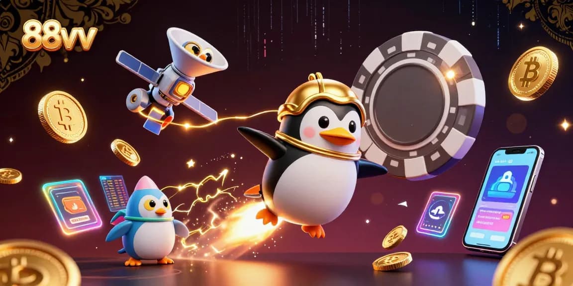 Experience thrilling casino adventures with 88vv featuring a golden penguin amidst cryptocurrency excitement.