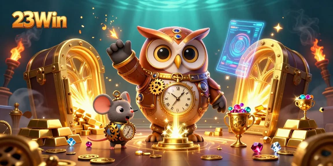 Experience the thrilling world of 23Win with vibrant casino elements and winning treasures.