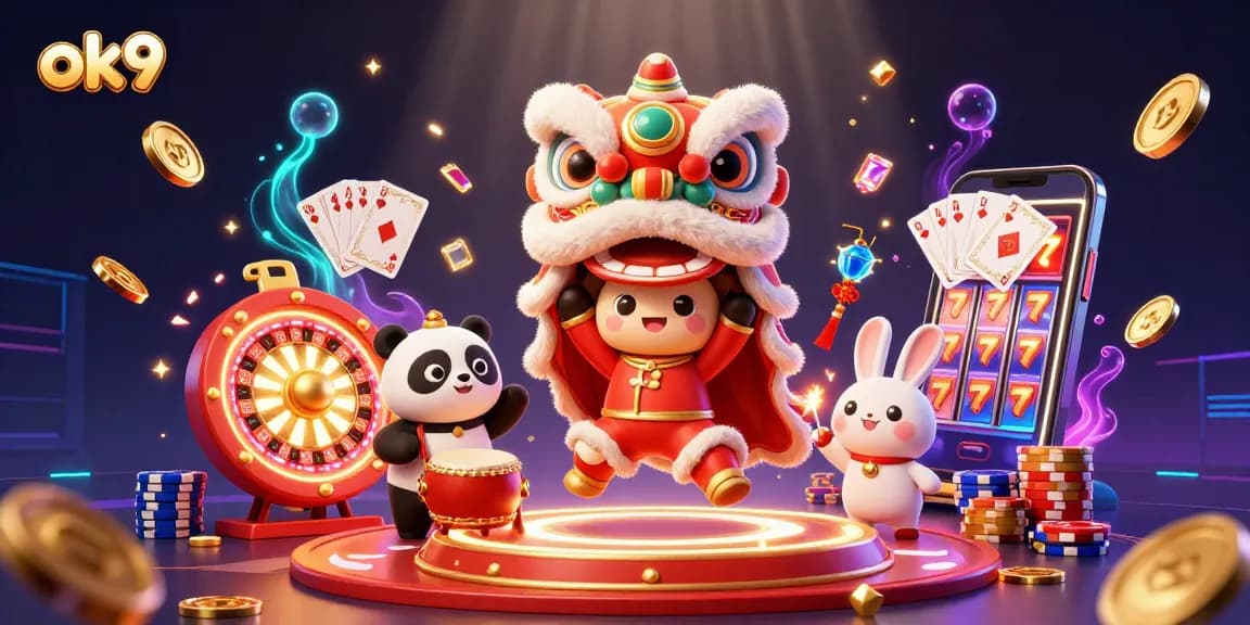 Spin the roulette and play slots at ok9, featuring lively characters and gold coins.