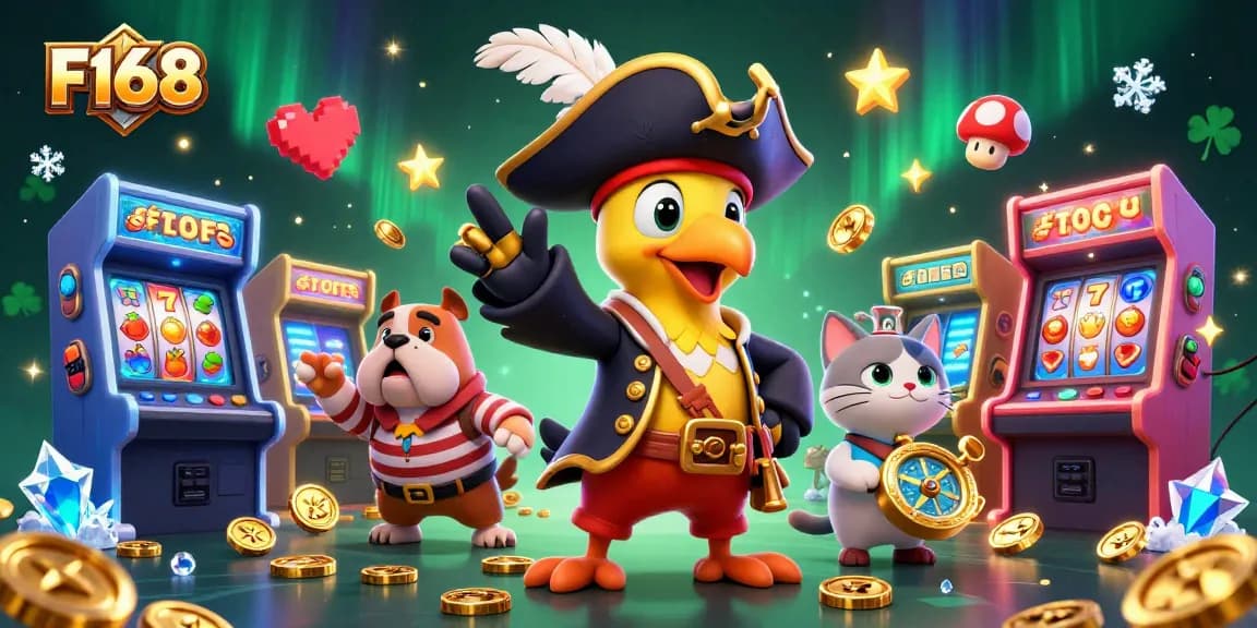 Experience F168 with vibrant gaming elements in a dynamic online casino scene featuring pirates and classic arcade games