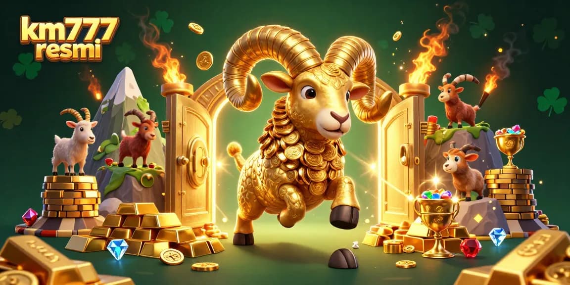 Play and win big with km777 resmi, featuring a 3D cartoon golden ram and treasure elements.