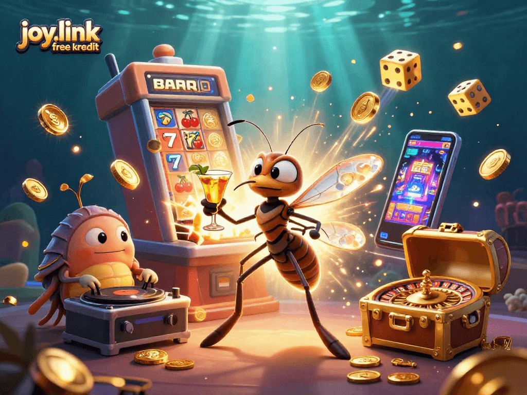 Engage with joy.link free kredit through a vibrant casino-themed illustration featuring unique characters.