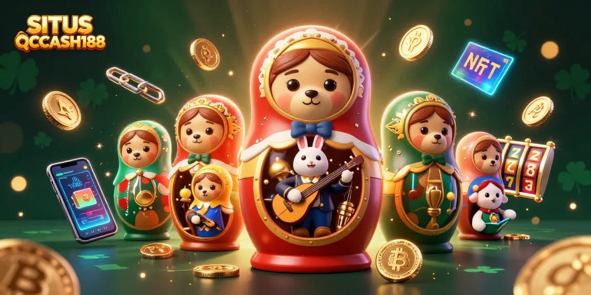 Experience the excitement of gambling with SITUS QQCASH188 featuring cartoon bears, Bitcoin coins, and vibrant casino elements.