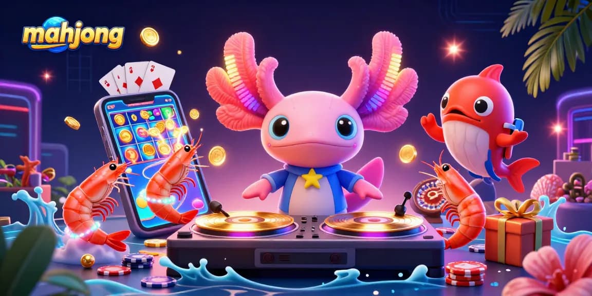 Engage in mahjong excitement with neon axolotl DJ and dancing shrimp amidst vibrant casino visuals.