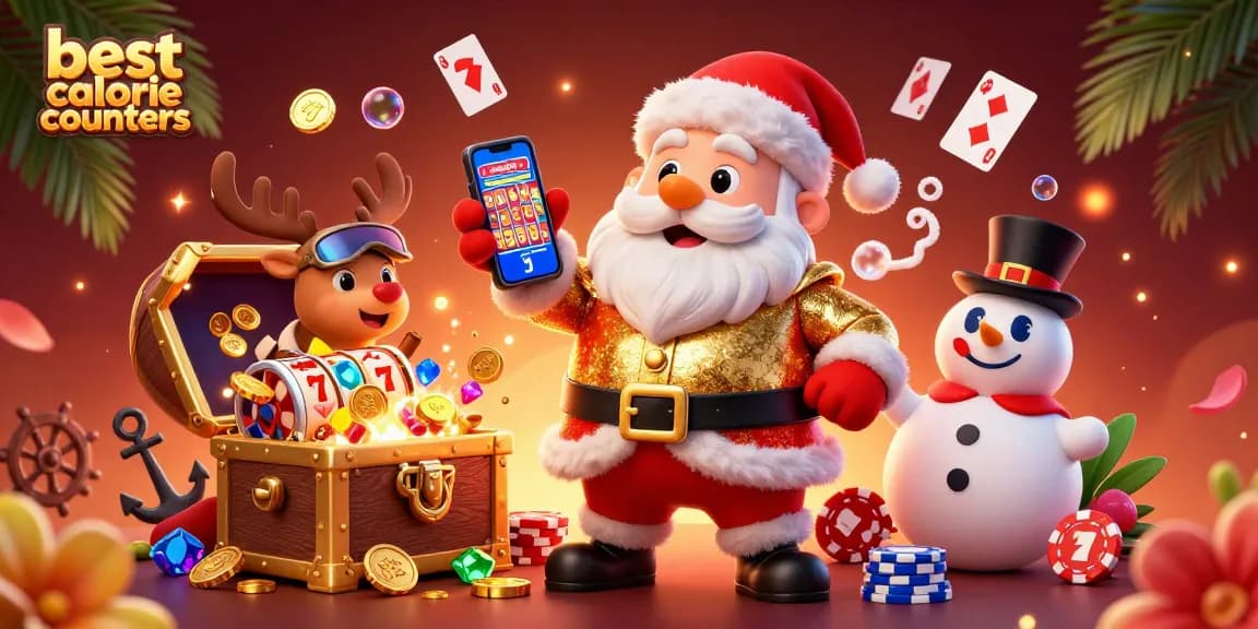 Engage with the best calorie counters through a lively casino scene featuring Santa and friends.