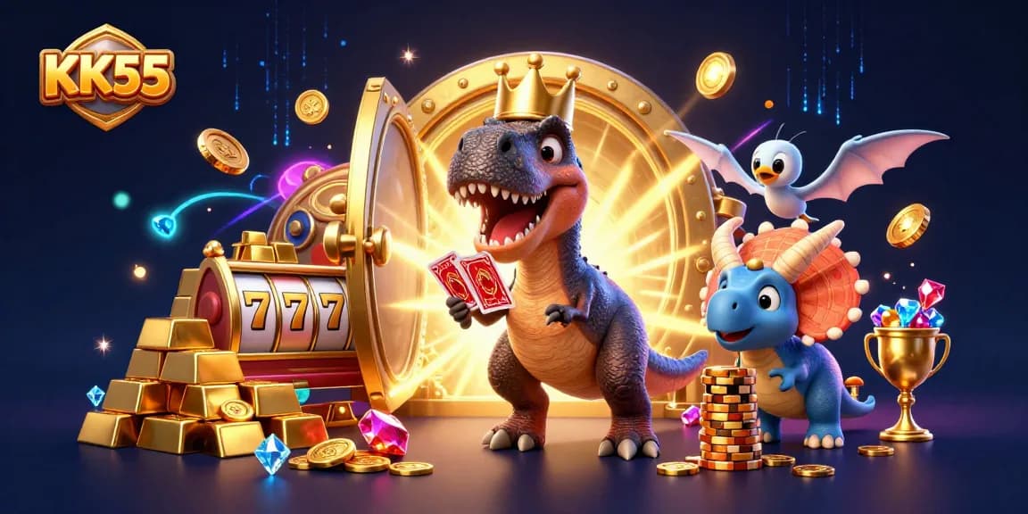 KK55 casino scene featuring a friendly T-Rex and triceratops amidst gold treasures, cards, and chips.