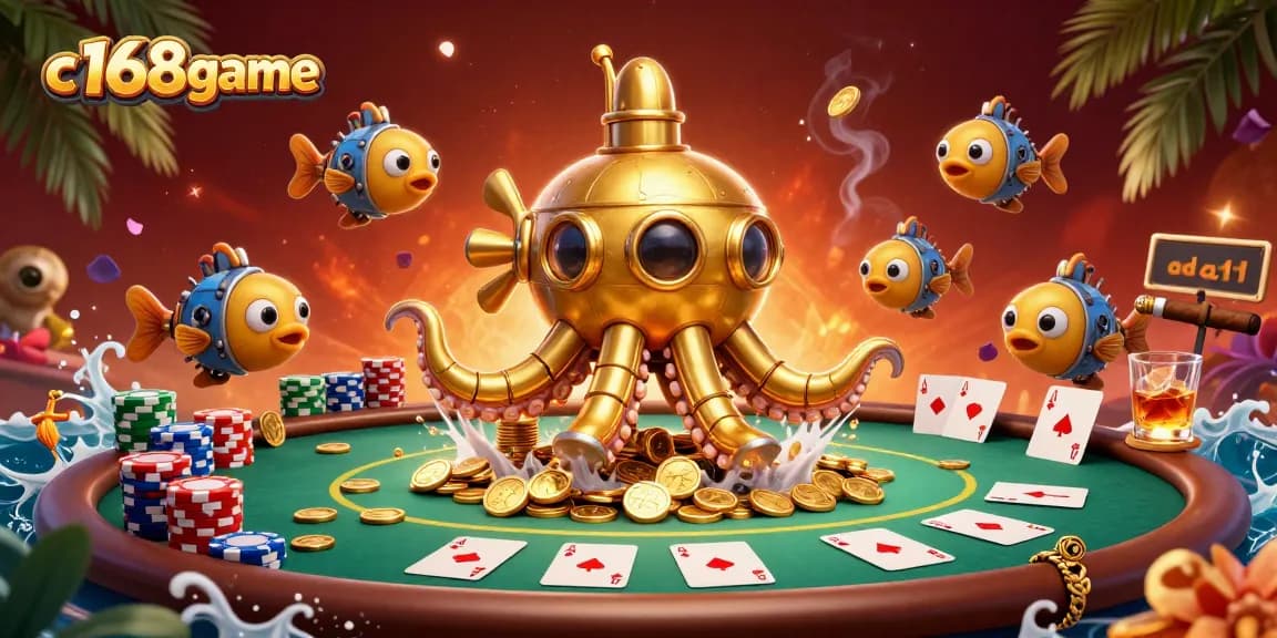 Play and win at c168game with a stunning 3D illustration showing a kraken submarine amidst casino elements.