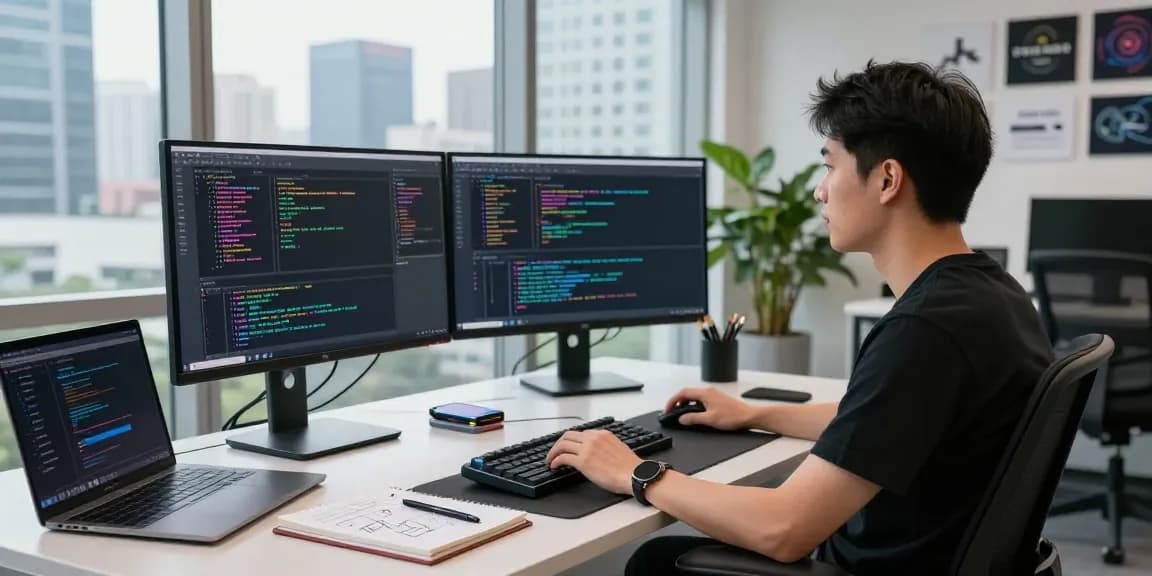 Software developer coding at a modern workspace at miraviglp.com with city skyline view and tech elements.